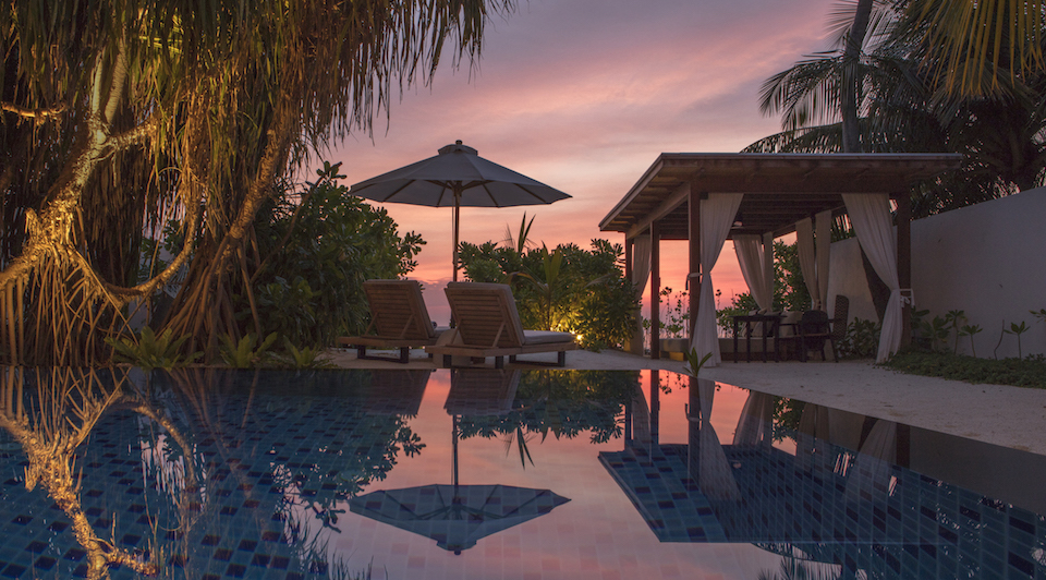 fairmont maldives beach villa sunset