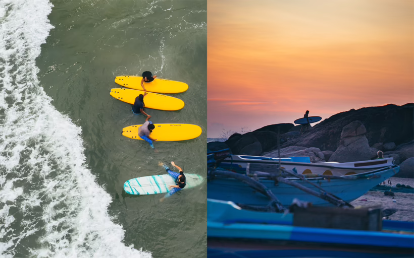 sri lankan female surfers boards and sunset