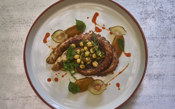Grilled Octopus , Chickpea salad, romesco sauce