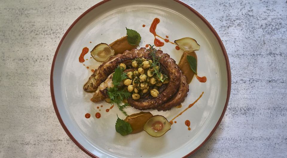 Grilled Octopus , Chickpea salad, romesco sauce