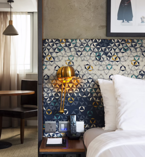 hotel room interior pillows blue canvas art
