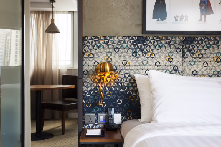 hotel room interior pillows blue canvas art