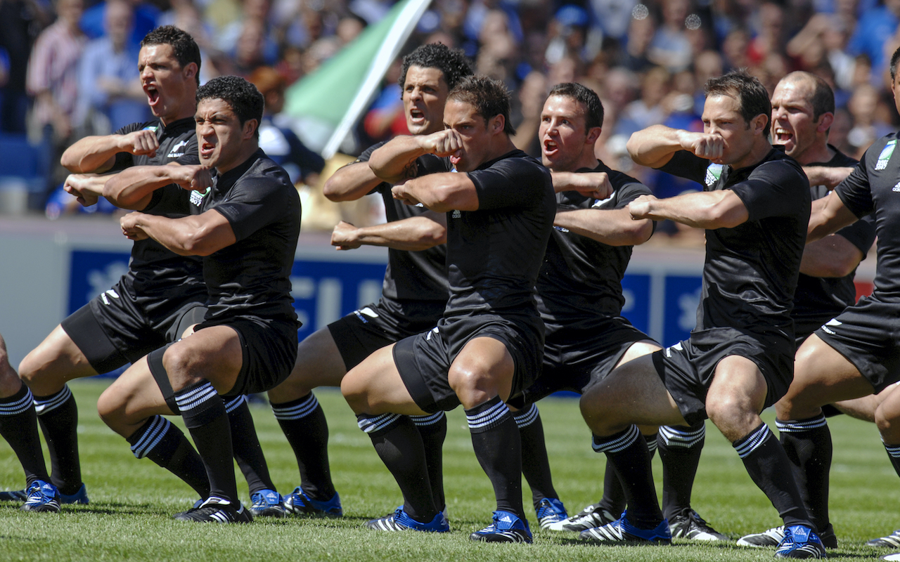 All Blacks New Zealand rugby team performing the haka at Rugby World Cup