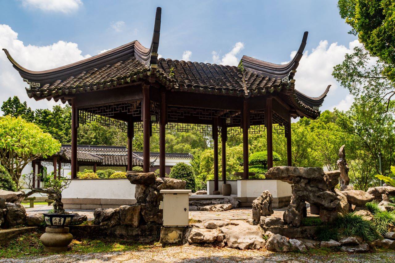 A pavilion at the Suzhou style Bonsai Garden located at the Chinese Garden part of Jurong Lake Gardens, Singapore.