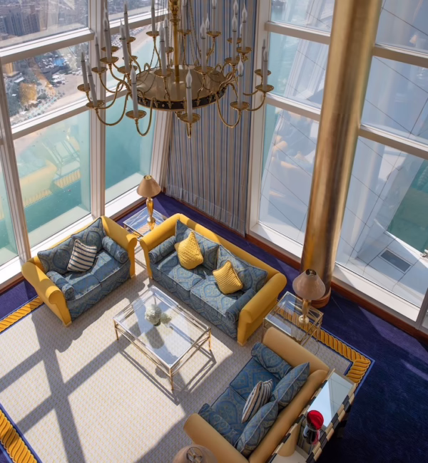 blue yellow living room ocean view