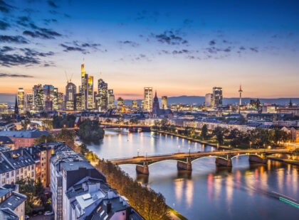 Frankfurt, Germany financial district skyline at night