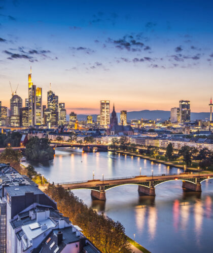 Frankfurt, Germany financial district skyline at night
