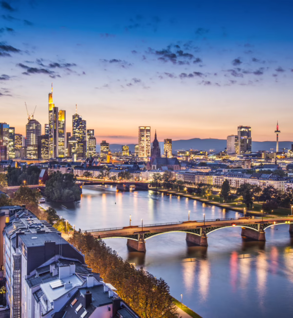 Frankfurt, Germany financial district skyline at night