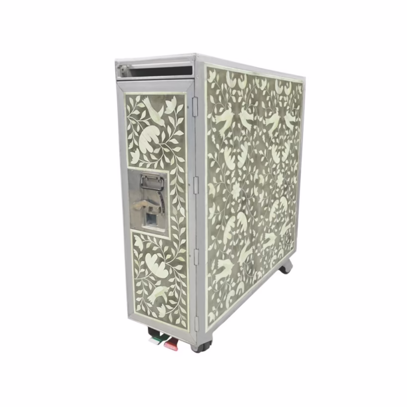 mini bar upcycled from airline trolley