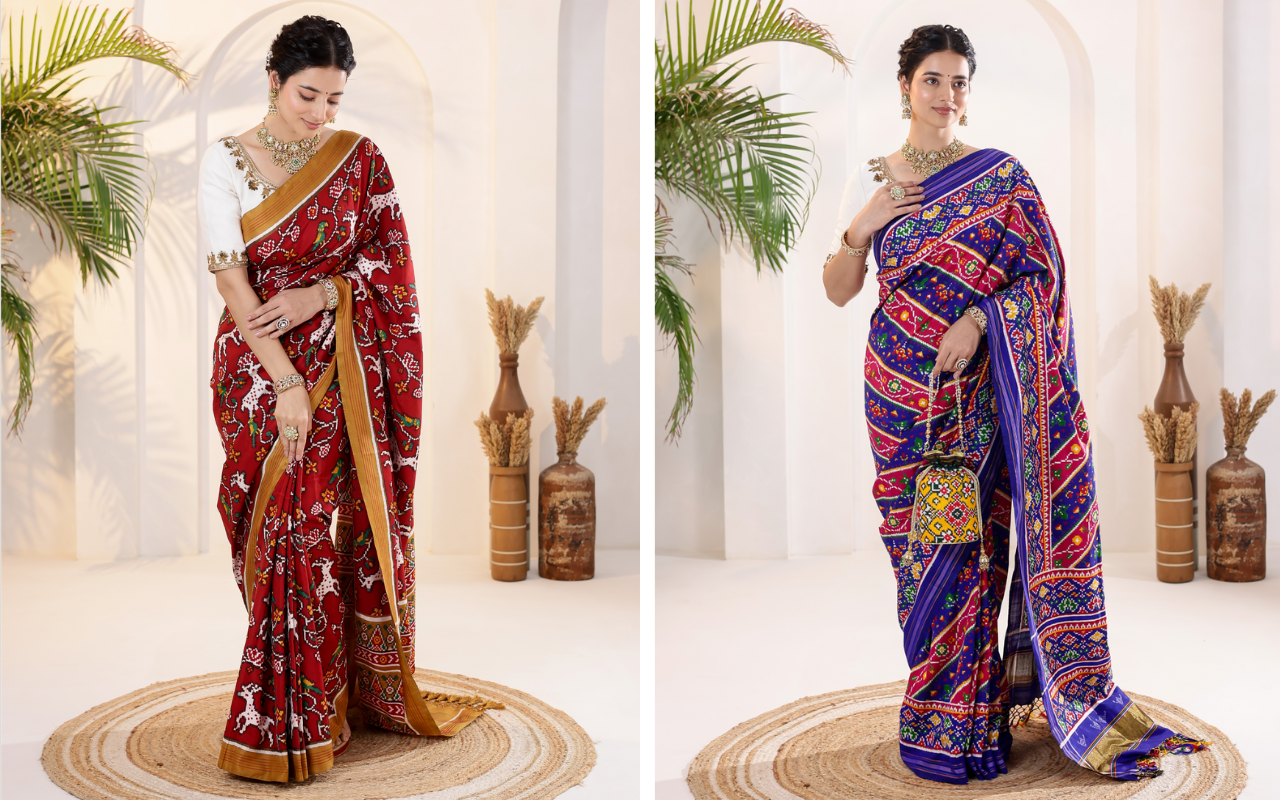 Patan Patola style, double ikkat saris by Navdip Tundiya Silverkris Ahmedabad