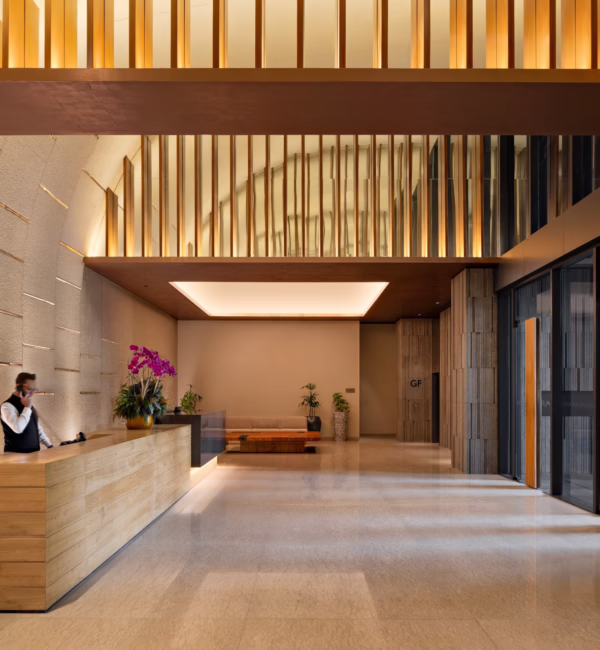 hotel lobby with a japanese inspired design