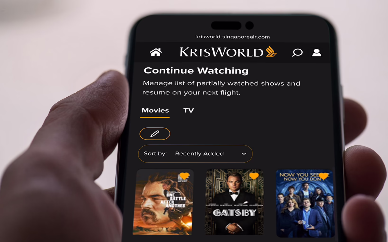 KrisWorld Continue Watching page showing movies and TV programmes previously started by the user
