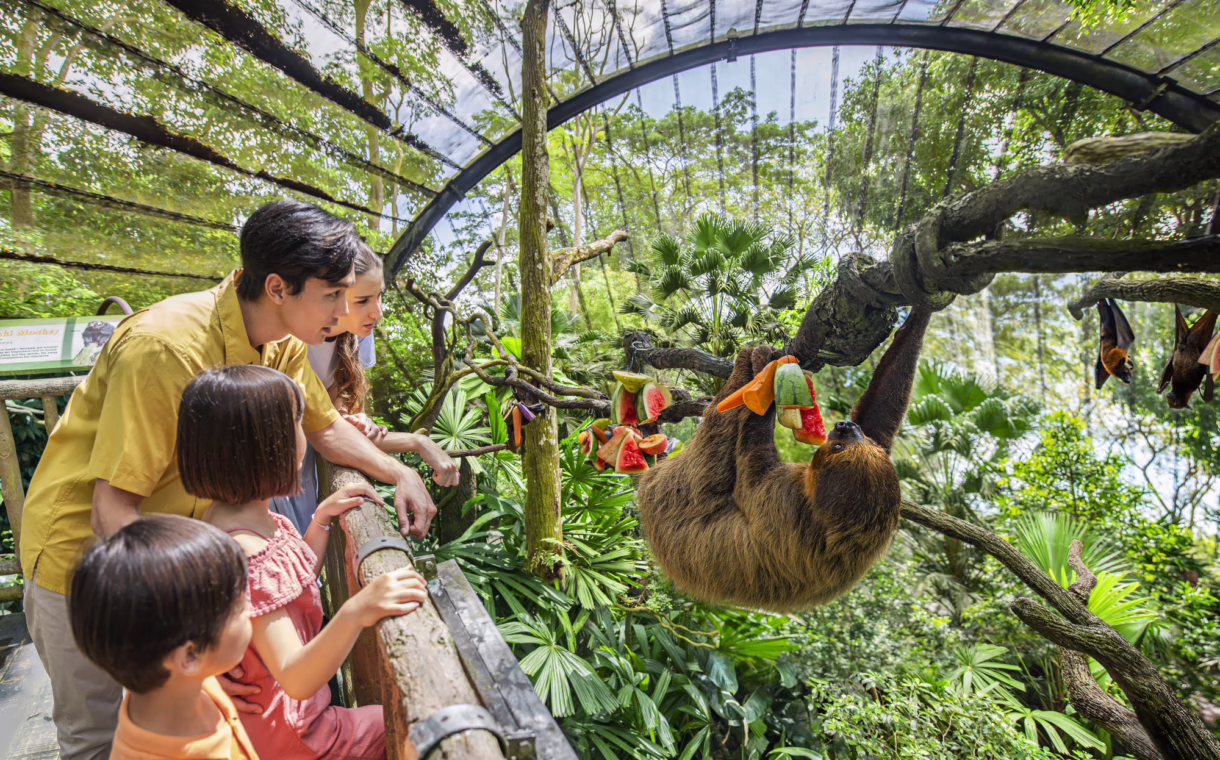 Family interacting with animals during a visit to Mandai Wildlife Reserve