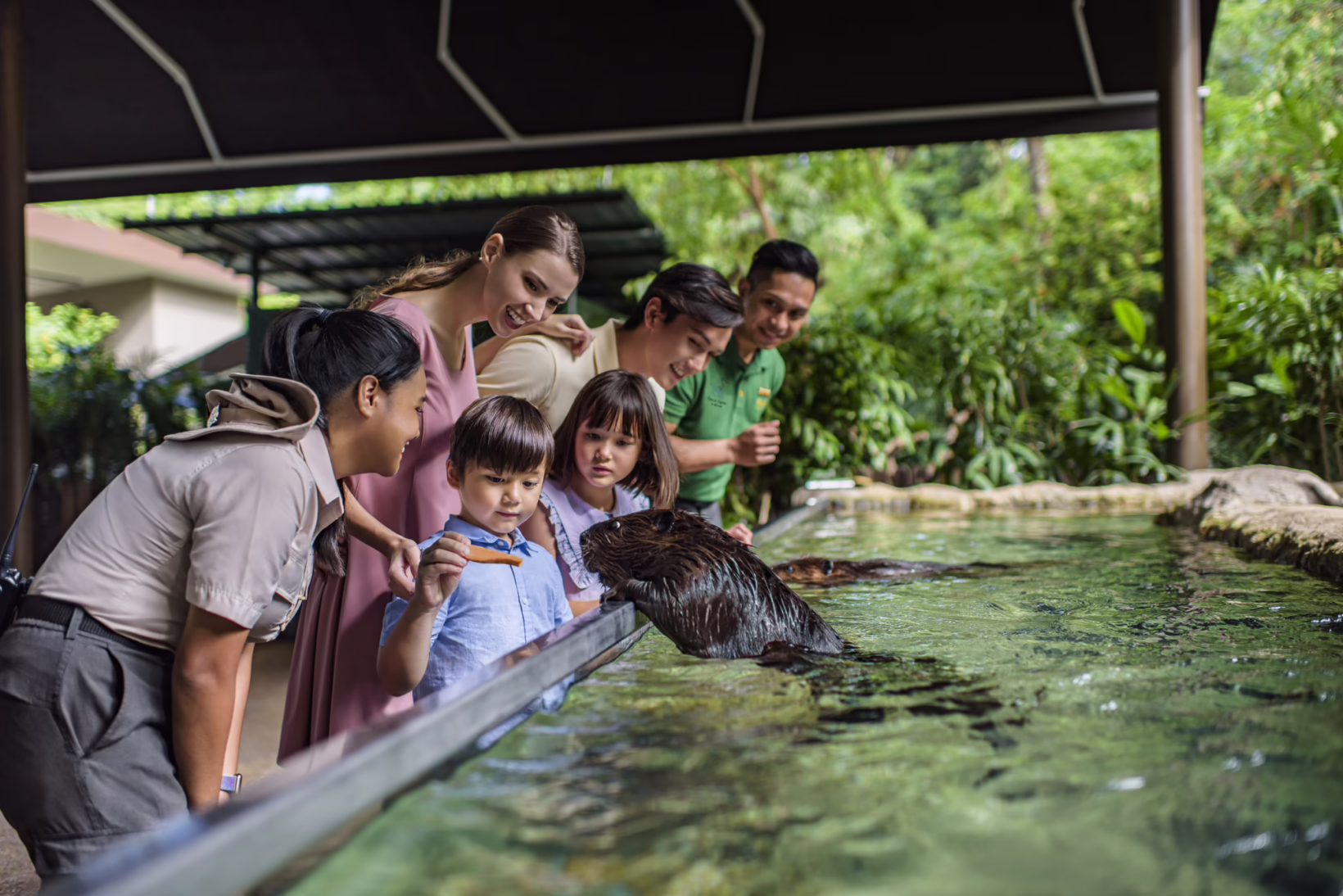 Family observing a beaver in the water during a visit to River Wonders
