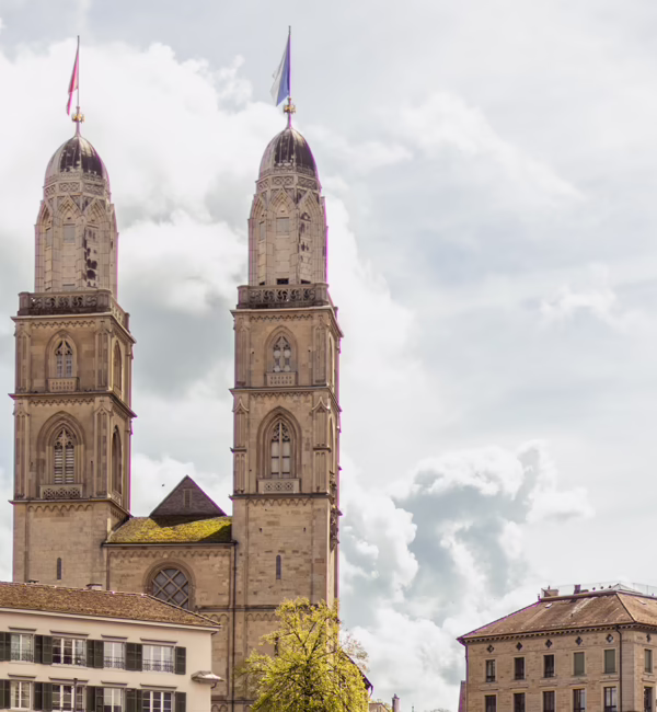 The twin towers of Grossmünster in Zurich's Old Town.