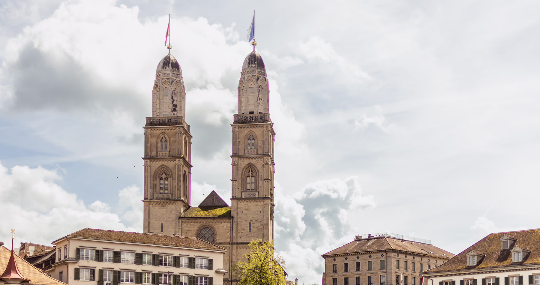 The twin towers of Grossmünster in Zurich's Old Town.
