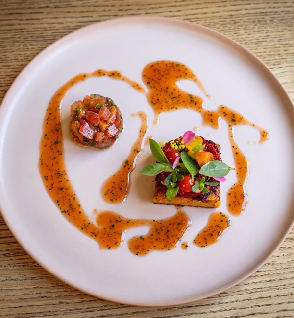 Plant-based fine dining dish served at KLE in Zurich