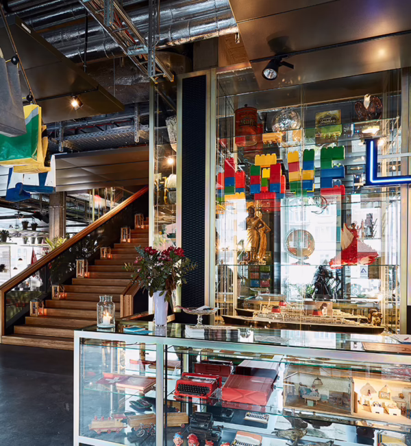 Interior of 25hours Hotel Zürich Langstrasse, featuring colourful contemporary furnishings and décor.