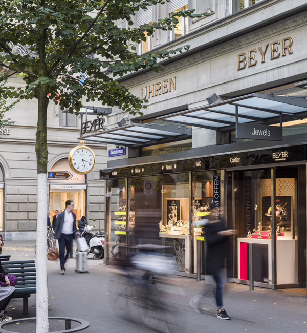 Shops and tree-lined pavements along Bahnhofstrasse in central Zurich.