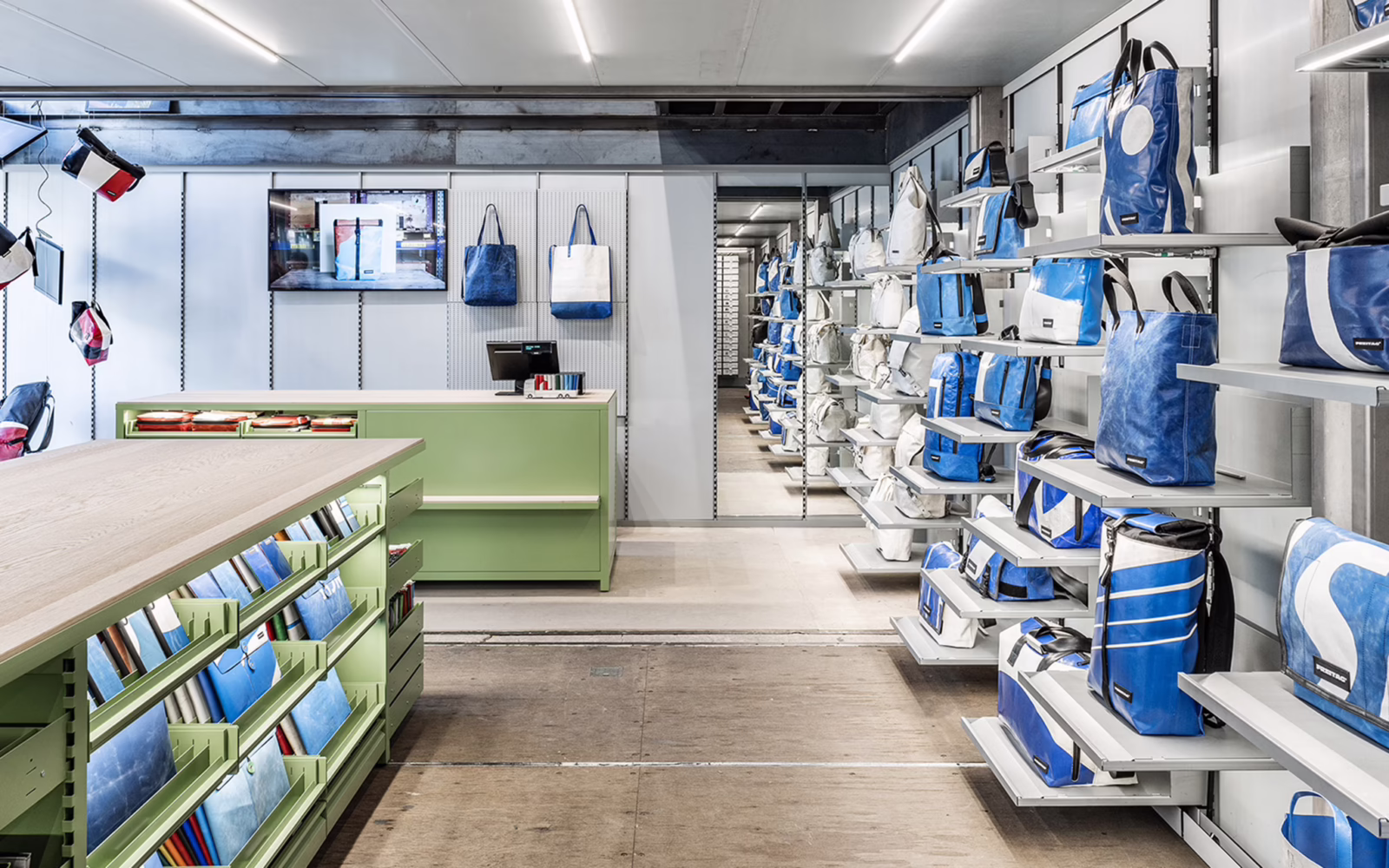 Freitag bags made from recycled truck tarpaulins on display in Zurich.