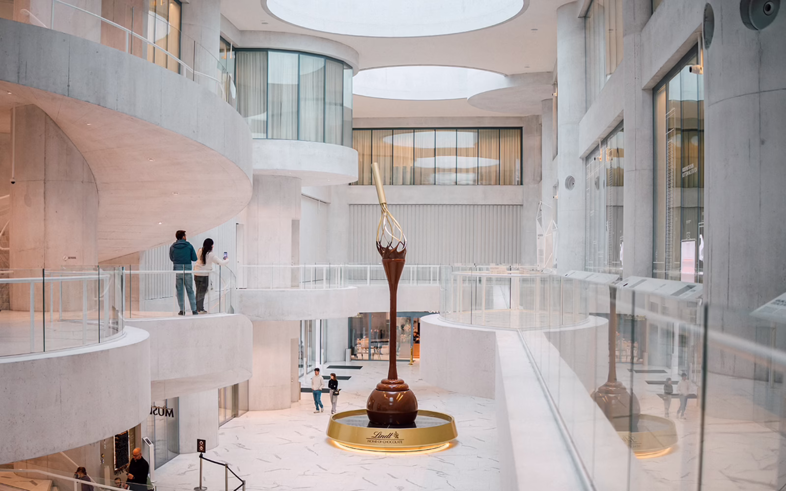 A large chocolate fountain inside Lindt Home of Chocolate in Zurich.