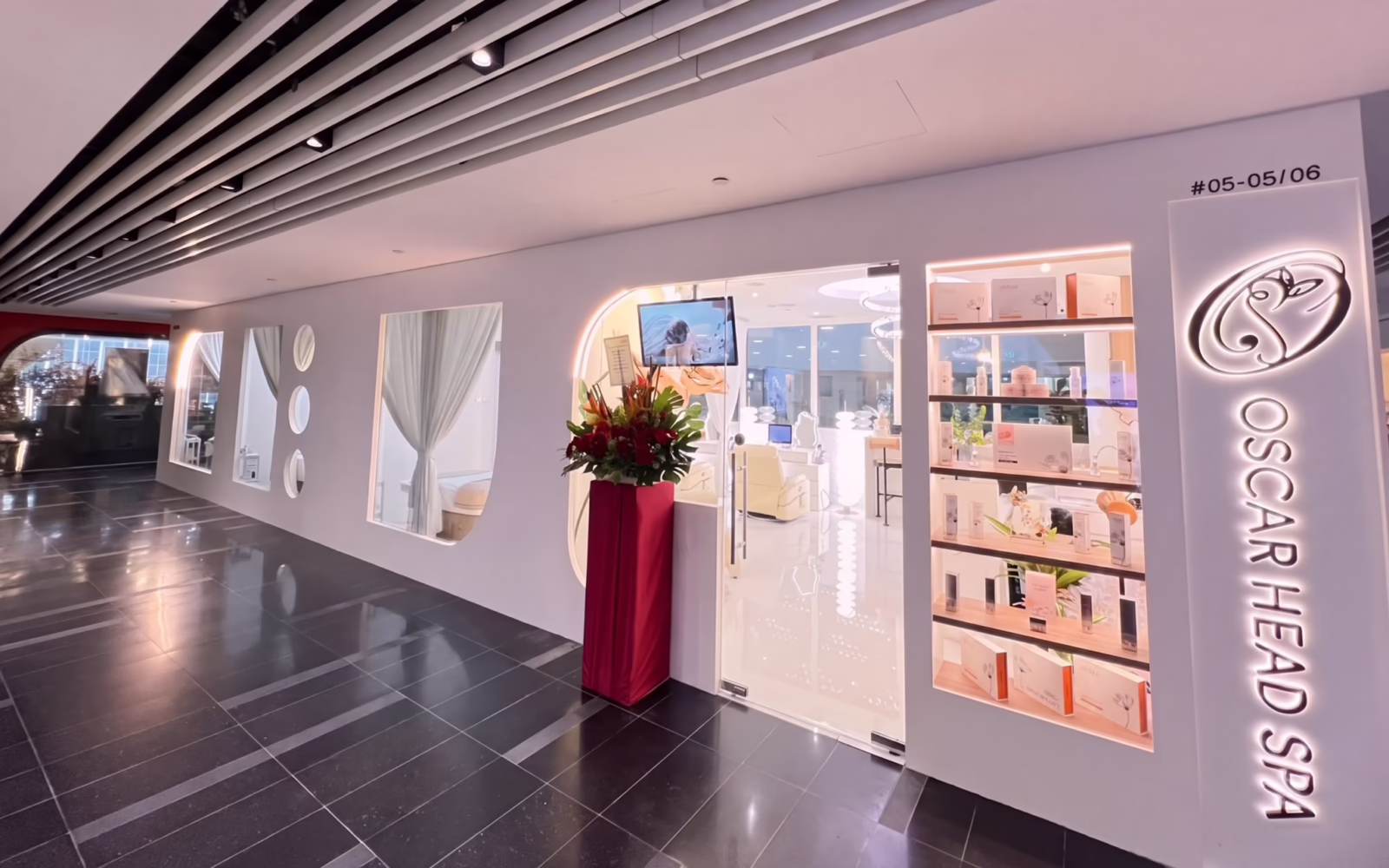 Oscar Head Spa store front with flowers