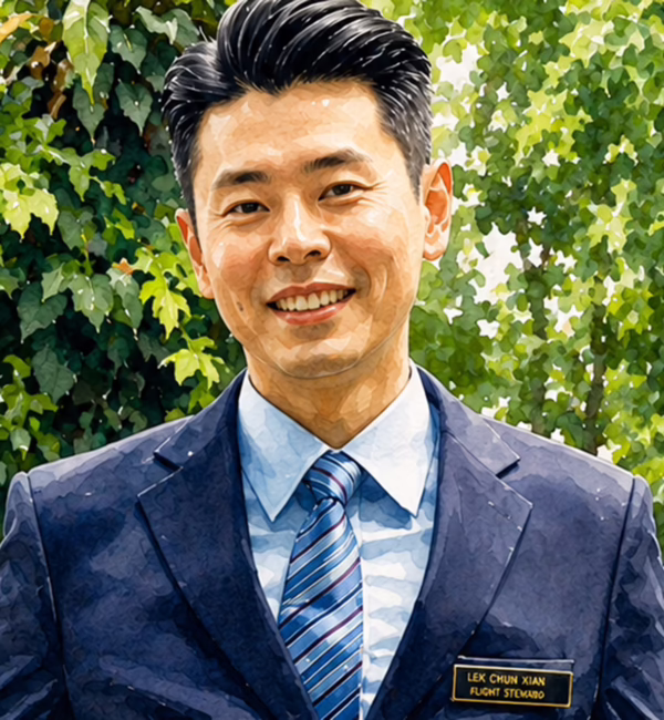 Portrait of Singapore Airlines flight steward Jay Lek