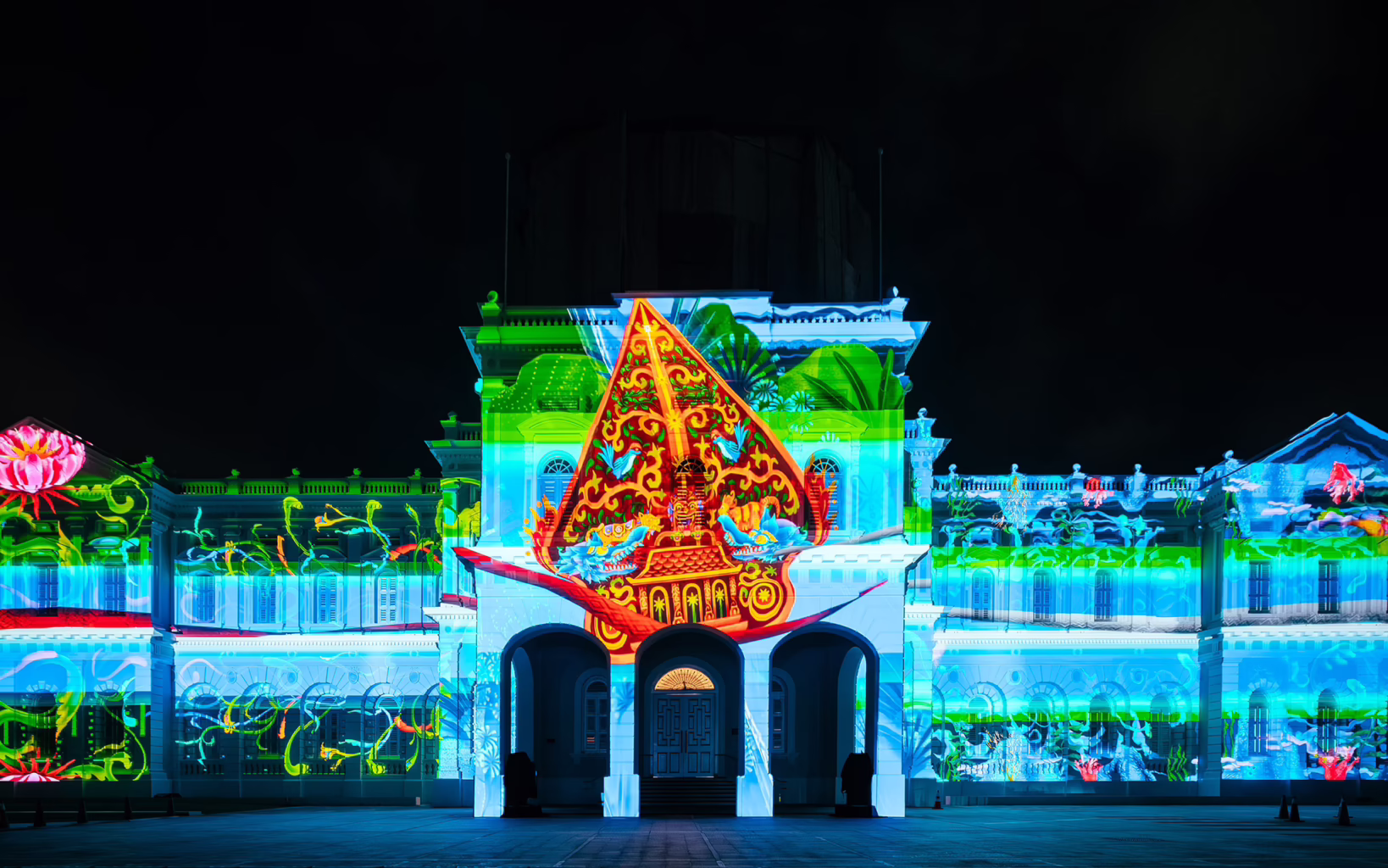 MALAM Projection Mapping Competition artwork illuminating the façade of The Cathay during Singapore Night Festival 2026