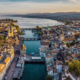 Aerial view of Zurich city centre and Lake Zurich, Switzerland