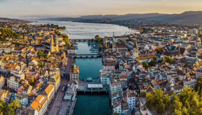 Aerial view of Zurich city centre and Lake Zurich, Switzerland