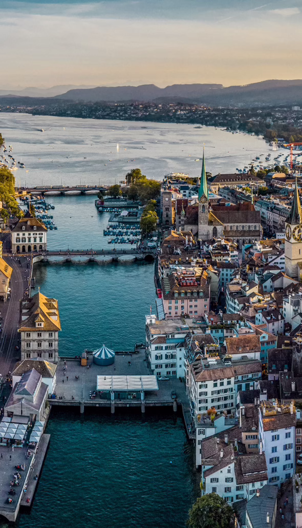 Aerial view of Zurich city centre and Lake Zurich, Switzerland