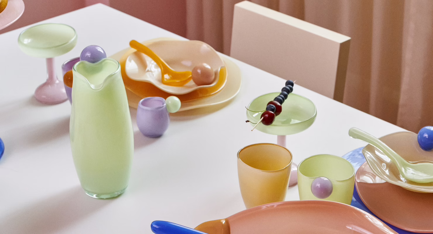 Colourful mouth-blown glass creations displayed at Helle Mardahl Studio in Copenhagen