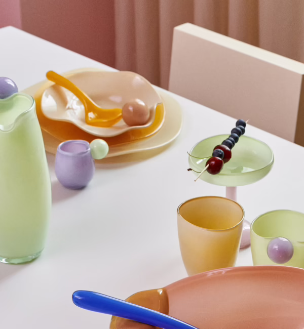 Colourful mouth-blown glass creations displayed at Helle Mardahl Studio in Copenhagen