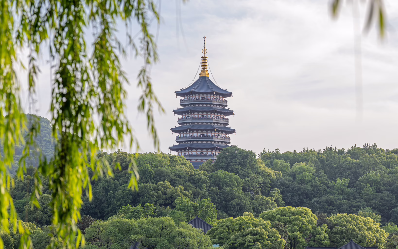 Leifeng Pagoda overlooking West Lake in Hangzhou, China