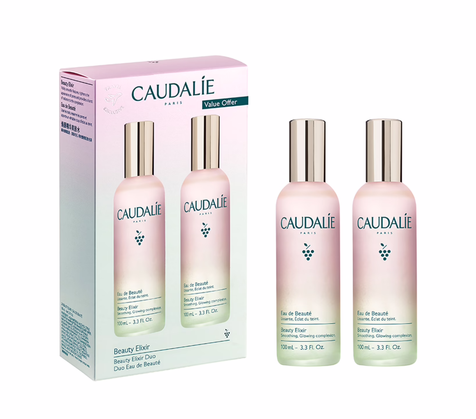 Two bottles of Caudalie Beauty Elixir facial mist, a radiance-boosting skincare and makeup refresher.