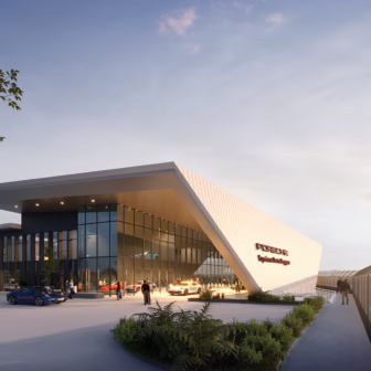 Exterior of the Porsche Experience Centre Singapore facility in Changi