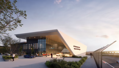 Exterior of the Porsche Experience Centre Singapore facility in Changi
