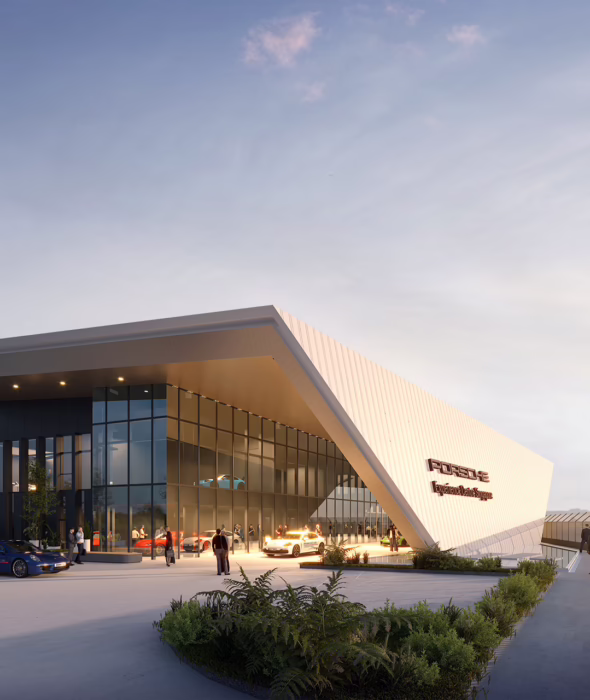 Exterior of the Porsche Experience Centre Singapore facility in Changi