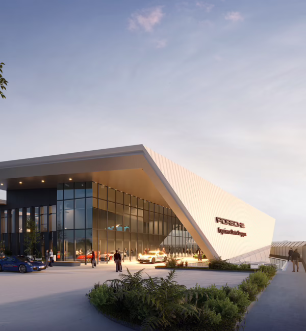 Exterior of the Porsche Experience Centre Singapore facility in Changi