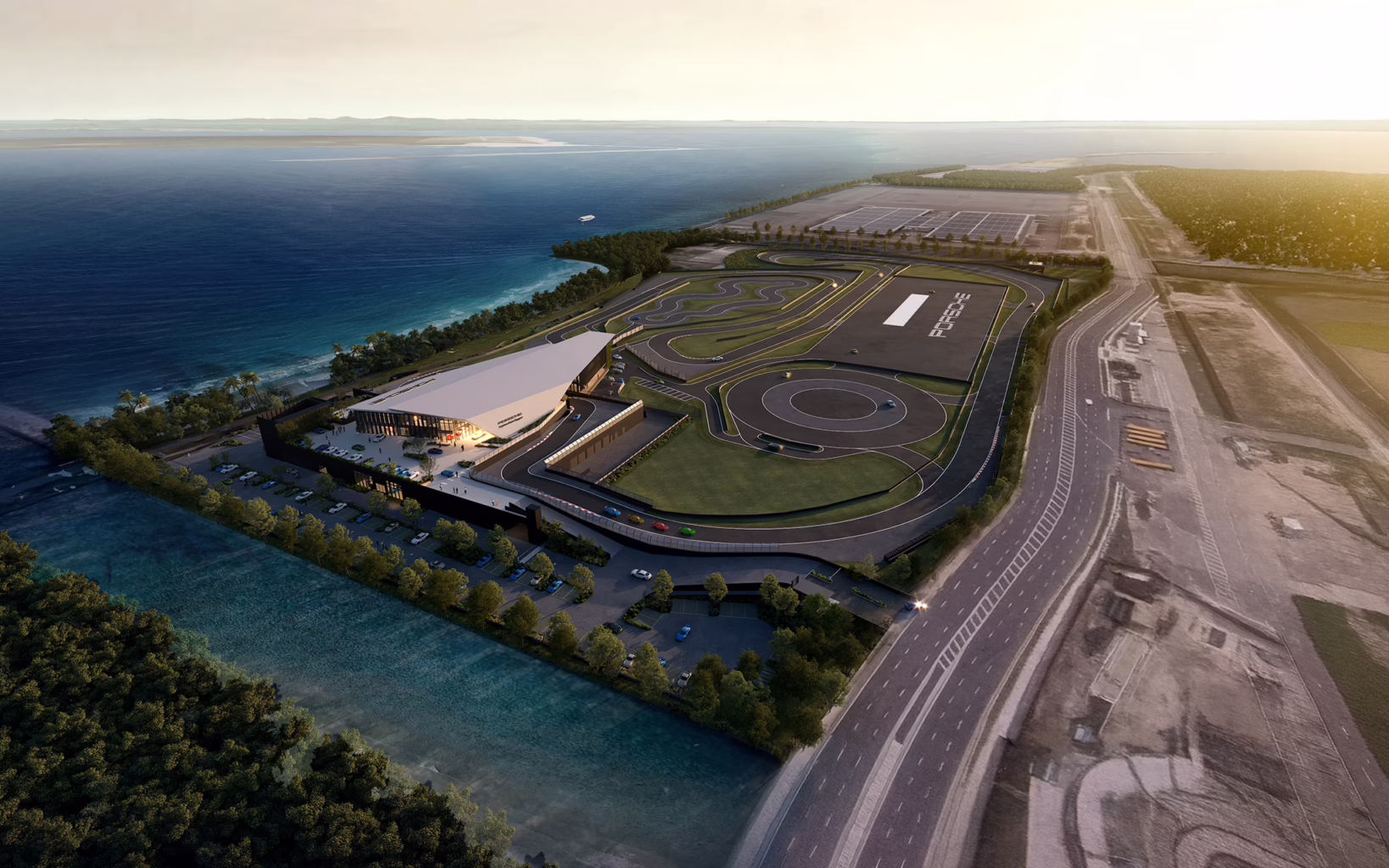 Wide view of the track at the Porsche Experience Centre Singapore in Changi