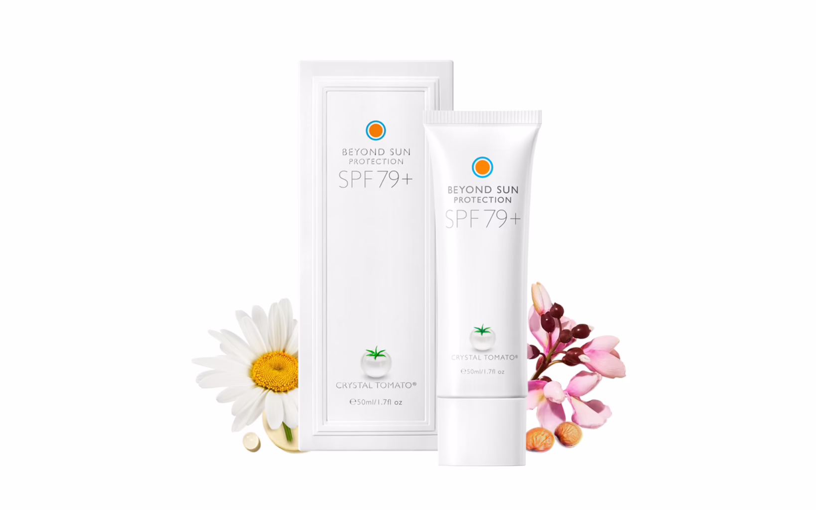 Crystal Tomato Beyond Sun Protection SPF 79+ sunscreen with product packaging