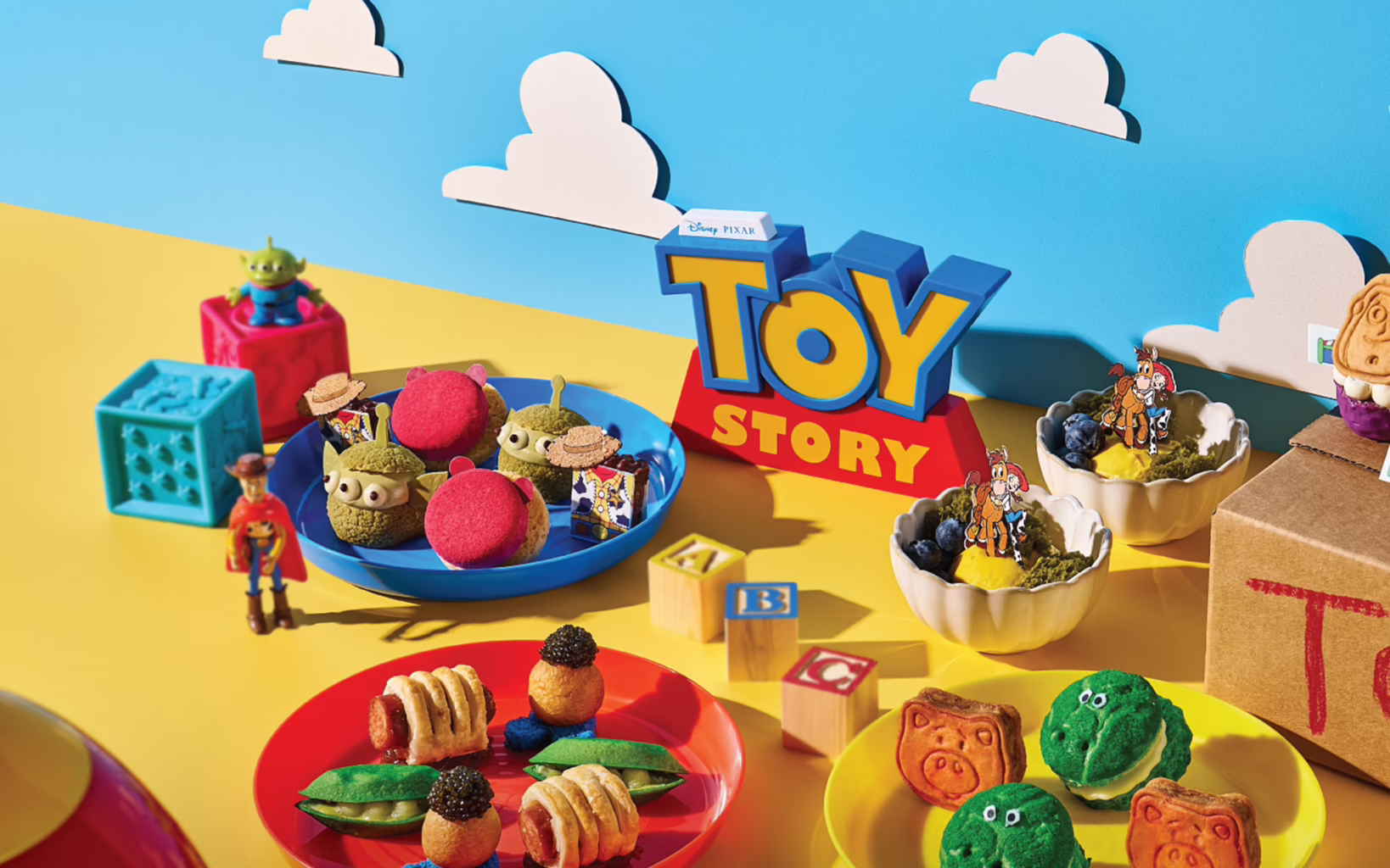 Toy Story-inspired high tea spread at SKAI, featuring colourful sweet and savoury creations inspired by characters including the Aliens, Rex and Hamm