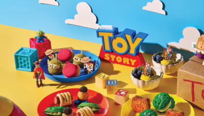 Toy Story-inspired high tea spread at SKAI, featuring colourful sweet and savoury creations inspired by characters including the Aliens, Rex and Hamm