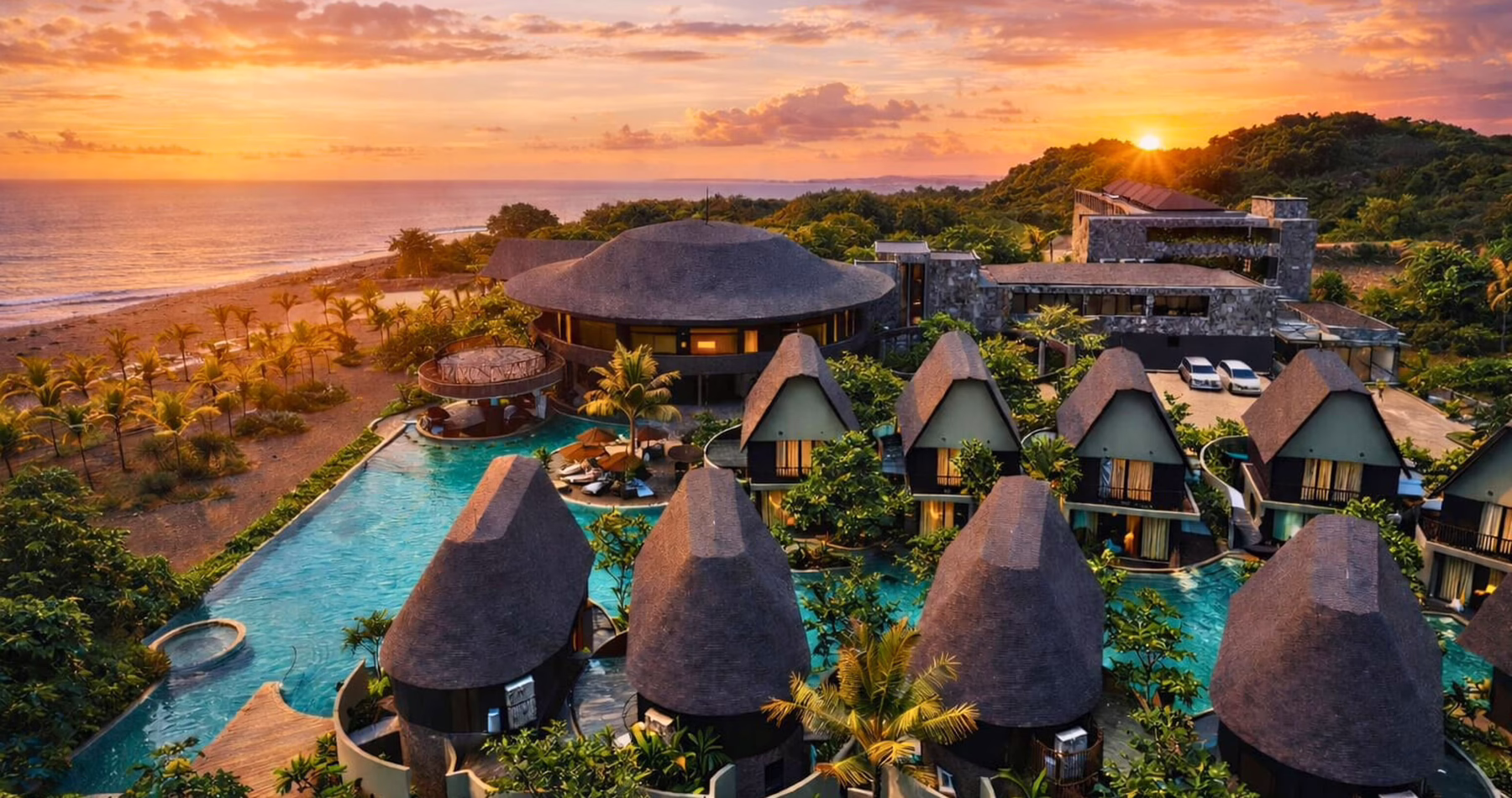Aerial view of Quenzo Beach Resort Padangbai at sunset, showing thatched-roof villas, turquoise swimming pools and lush tropical gardens beside Bali's coastline.