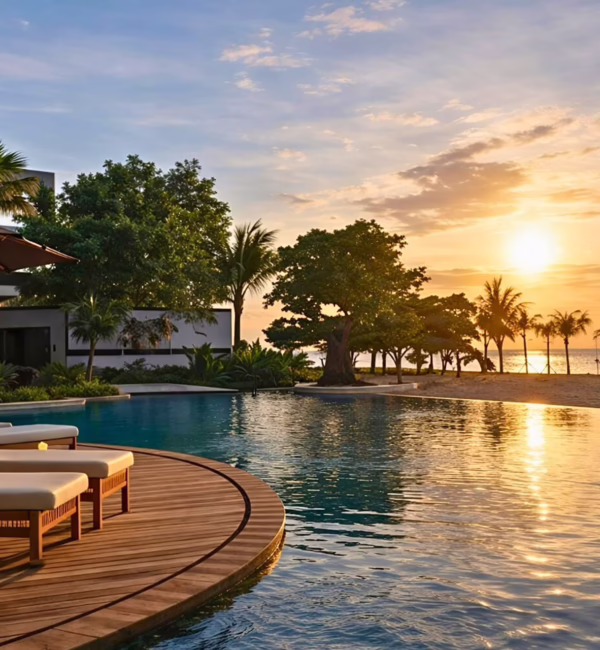 Beachfront infinity-style swimming pool at Quenzo Beach Resort Padangbai at sunrise, with cushioned sun loungers, palm trees and golden sunlight reflecting across the water.