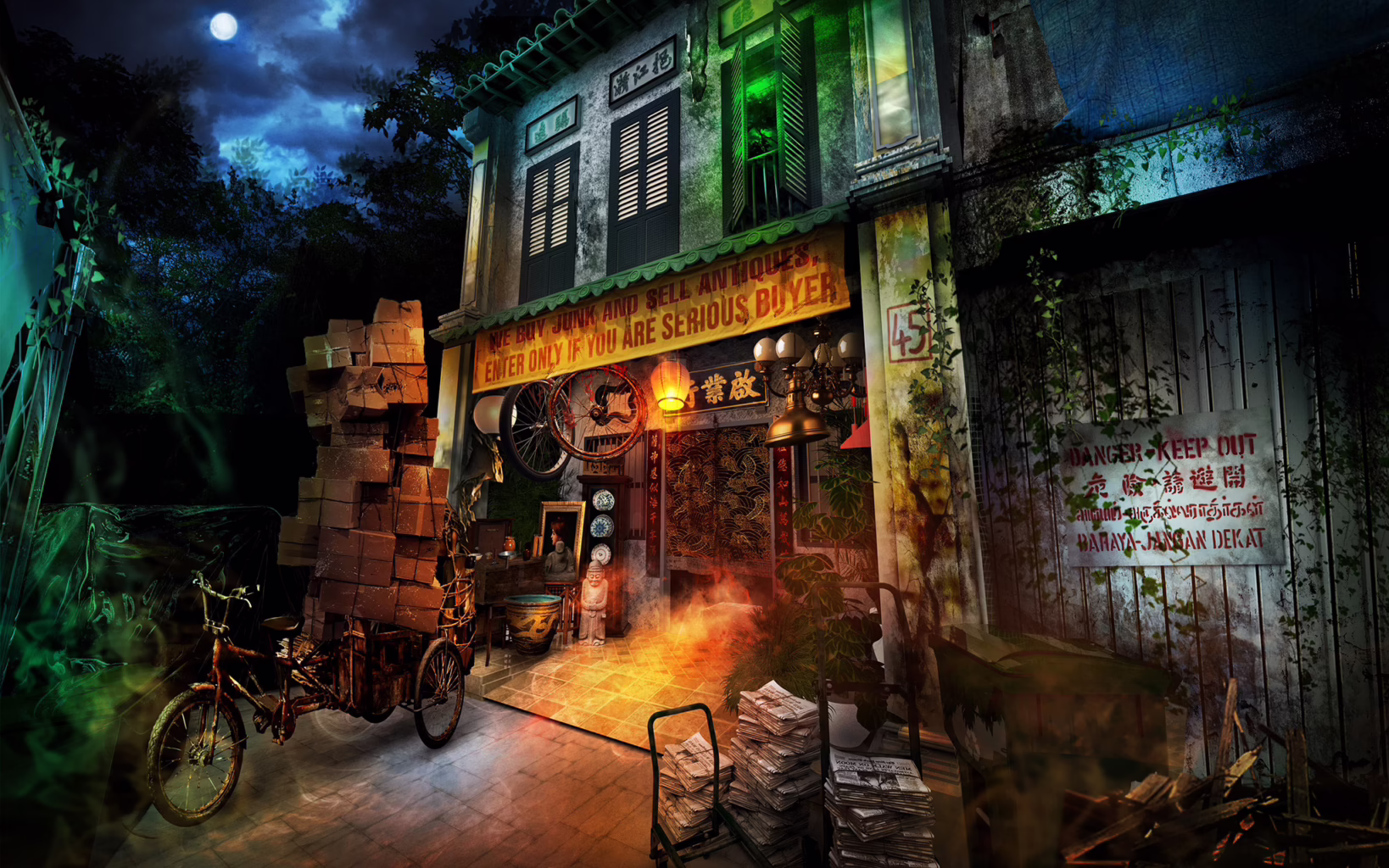 A sinister karung guni shop filled with old bicycles, stacked boxes and antiques at Universal Studios Singapore's Halloween Horror Nights 14