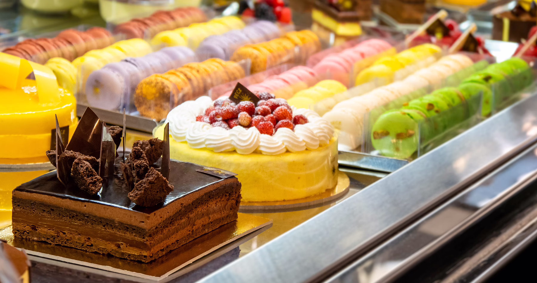 Colourful cakes, pastries and sweet treats displayed at Peck’s pasticceria in Milan.
