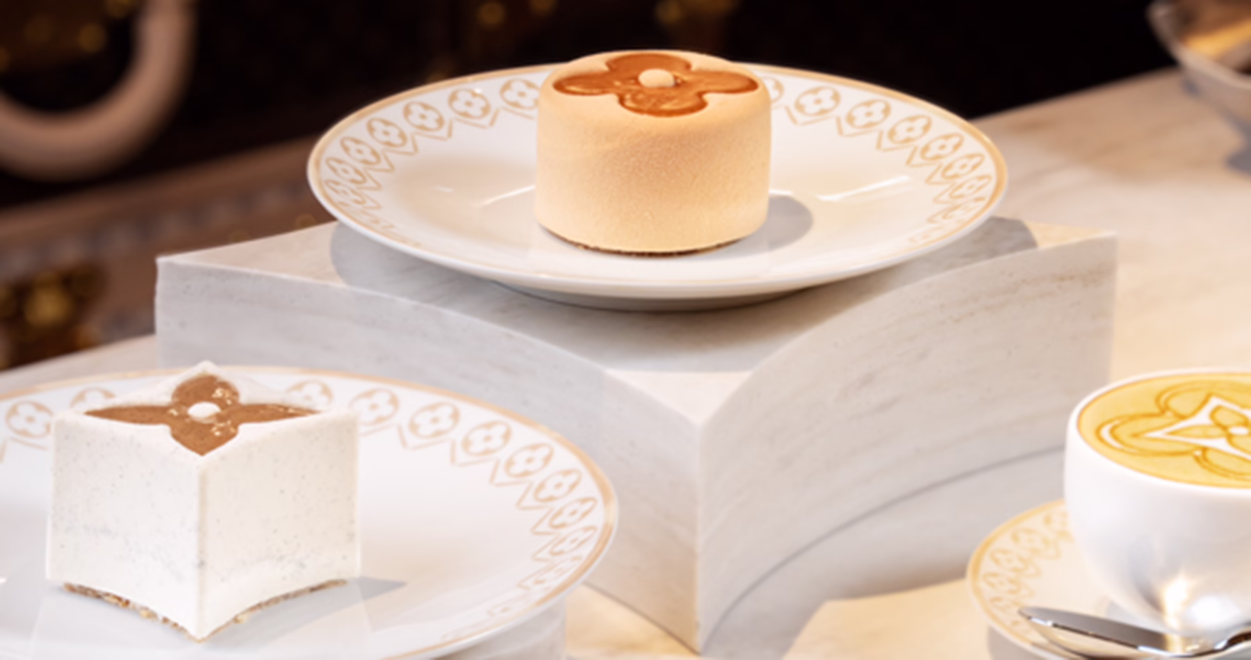 Desserts at Le Café Louis Vuitton Shanghai, including the Chocolate Monogram and Tiramisu Montenapoleone.